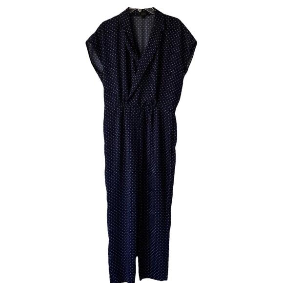 J Crew Pindot  Lapel Pants Jumpsuit Women's Size 8 Navy Blue Romper - Picture 1 of 11